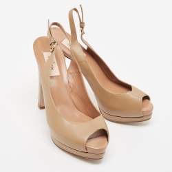 Pre Owned Valentino Brown Leather Peep Toe Platform Slingback Pumps Size 38.5