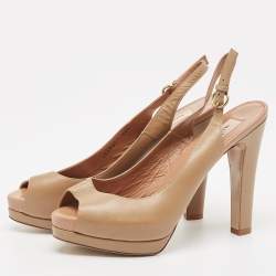 Pre Owned Valentino Brown Leather Peep Toe Platform Slingback Pumps Size 38.5