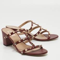 Pre Owned Valentino Burgundy Leather Rockstud Sandals Size 41