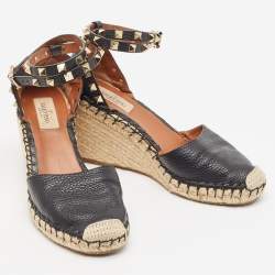 Pre Owned Valentino Black Leather Rockstud Wedge Sandals Size 37