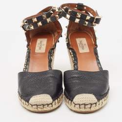 Pre Owned Valentino Black Leather Rockstud Wedge Sandals Size 37