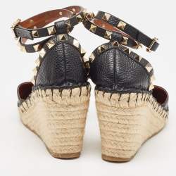 Pre Owned Valentino Black Leather Rockstud Wedge Sandals Size 37