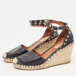 Pre Owned Valentino Black Leather Rockstud Wedge Sandals Size 37