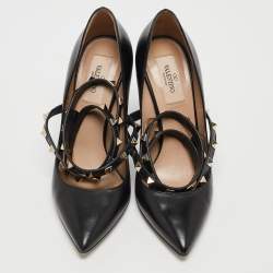 Pre Owned Valentino Black Leather Rockstud Ankle Wrap Pumps Size 36.5