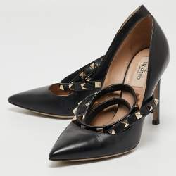 Pre Owned Valentino Black Leather Rockstud Ankle Wrap Pumps Size 36.5