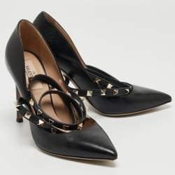 Pre Owned Valentino Black Leather Rockstud Ankle Wrap Pumps Size 36.5