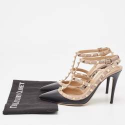 Pre Owned Valentino Black/Dusty Pink Leather Rockstud Ankle Strap Pumps Size 39