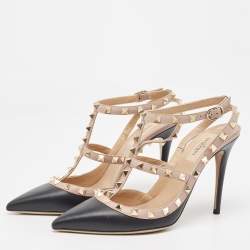 Pre Owned Valentino Black/Dusty Pink Leather Rockstud Ankle Strap Pumps Size 39