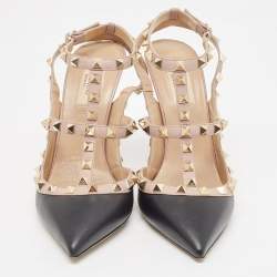 Pre Owned Valentino Black/Dusty Pink Leather Rockstud Ankle Strap Pumps Size 39