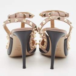 Pre Owned Valentino Black/Dusty Pink Leather Rockstud Ankle Strap Pumps Size 39