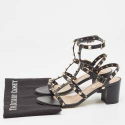 Pre Owned Valentino Black Leather Rockstud Ankle Strap Sandals Size 37