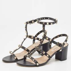 Pre Owned Valentino Black Leather Rockstud Ankle Strap Sandals Size 37