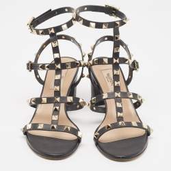 Pre Owned Valentino Black Leather Rockstud Ankle Strap Sandals Size 37