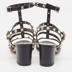 Pre Owned Valentino Black Leather Rockstud Ankle Strap Sandals Size 37