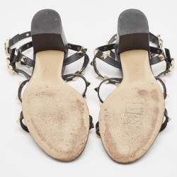 Pre Owned Valentino Black Leather Rockstud Ankle Strap Sandals Size 37