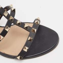 Pre Owned Valentino Black Leather Rockstud Ankle Strap Sandals Size 37