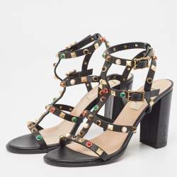 Pre Owned Valentino Black Leather Rockstud Ankle Strap Sandals Size 37.5