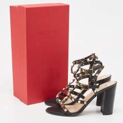 Pre Owned Valentino Black Leather Rockstud Ankle Strap Sandals Size 37.5