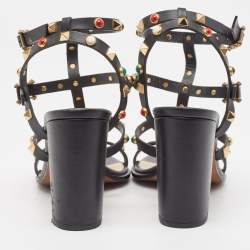 Pre Owned Valentino Black Leather Rockstud Ankle Strap Sandals Size 37.5