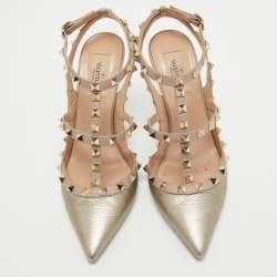 مملوكة مسبقًا صندل فالنتينو بطراز قفصي مرصع بروكستد جلد لامع أحمر و حواف جلد بيج مقاس 39.5