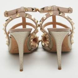 مملوكة مسبقًا صندل فالنتينو بطراز قفصي مرصع بروكستد جلد لامع أحمر و حواف جلد بيج مقاس 39.5