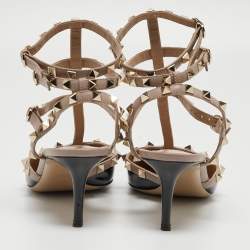 Pre Owned Valentino Black/Beige Patent Rockstud Ankle Strap Pumps Size 40