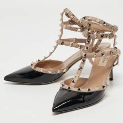 Pre Owned Valentino Black/Beige Patent Rockstud Ankle Strap Pumps Size 40