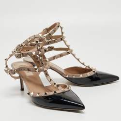 Pre Owned Valentino Black/Beige Patent Rockstud Ankle Strap Pumps Size 40