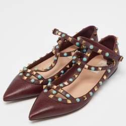 Pre Owned Valentino Maroon Textured Leather Rolling Rockstud Ankle Strap Flats Size 39