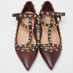 Pre Owned Valentino Maroon Textured Leather Rolling Rockstud Ankle Strap Flats Size 39