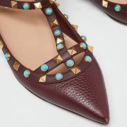 Pre Owned Valentino Maroon Textured Leather Rolling Rockstud Ankle Strap Flats Size 39