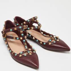 Pre Owned Valentino Maroon Textured Leather Rolling Rockstud Ankle Strap Flats Size 39