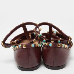 Pre Owned Valentino Maroon Textured Leather Rolling Rockstud Ankle Strap Flats Size 39