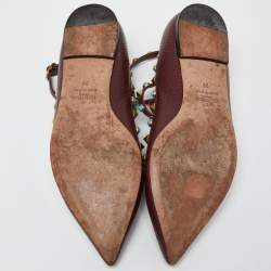 Pre Owned Valentino Maroon Textured Leather Rolling Rockstud Ankle Strap Flats Size 39