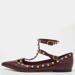 Pre Owned Valentino Maroon Textured Leather Rolling Rockstud Ankle Strap Flats Size 39
