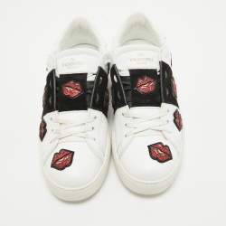Pre Owned Valentino White/Black Leather and Suede Kiss Me Sneakers Size 39