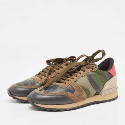 Pre Owned Valentino Multicolor Camo Print Leather and Canvas Rockrunner Sneakers Size 37