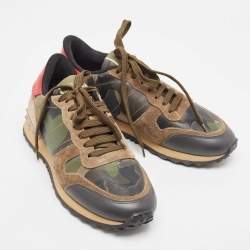 Pre Owned Valentino Multicolor Camo Print Leather and Canvas Rockrunner Sneakers Size 37