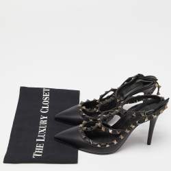 Pre Owned Valentino Black Leather Rockstud Ankle Strap Pumps Size 38.5