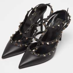 Pre Owned Valentino Black Leather Rockstud Ankle Strap Pumps Size 38.5