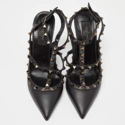Pre Owned Valentino Black Leather Rockstud Ankle Strap Pumps Size 38.5