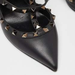 Pre Owned Valentino Black Leather Rockstud Ankle Strap Pumps Size 38.5