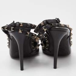 Pre Owned Valentino Black Leather Rockstud Ankle Strap Pumps Size 38.5