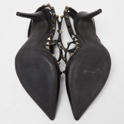 Pre Owned Valentino Black Leather Rockstud Ankle Strap Pumps Size 38.5