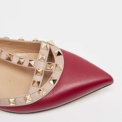 Pre Owned Valentino Burgundy/Beige Leather Rockstud Ballet Flats Size 38.5