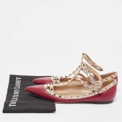 Pre Owned Valentino Burgundy/Beige Leather Rockstud Ballet Flats Size 38.5