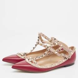 Pre Owned Valentino Burgundy/Beige Leather Rockstud Ballet Flats Size 38.5