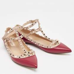Pre Owned Valentino Burgundy/Beige Leather Rockstud Ballet Flats Size 38.5