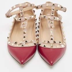 Pre Owned Valentino Burgundy/Beige Leather Rockstud Ballet Flats Size 38.5
