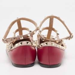 Pre Owned Valentino Burgundy/Beige Leather Rockstud Ballet Flats Size 38.5